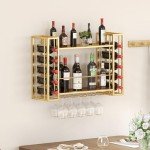 Gold Wall Mounted Wine Rack and Glass Holder