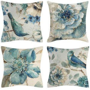 Set of 4 Flower and Bird Throw Pillow Covers