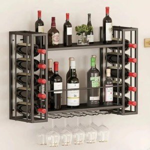 Wall-Mounted Metal Wine Rack and Glass Holder