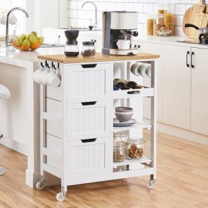 White Kitchen Cart on Wheels with Storage Drawers