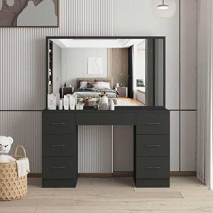 Black Dressing Table with Mirror and Drawer Storage