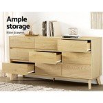 Tall Oak Wood Chest of Drawers with 9 Storage Compartments