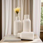 Set of 3 White Ribbed Ceramic Vases