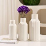 Set of 3 White Ribbed Ceramic Vases
