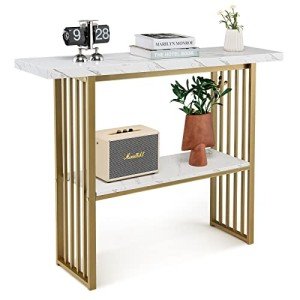 Modern White Faux Marble Console Table with Shelf
