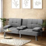 Oikiture Grey 3-Seater Sofa Bed with Cup Holders
