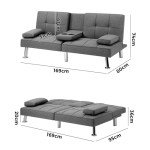 Oikiture Grey 3-Seater Sofa Bed with Cup Holders