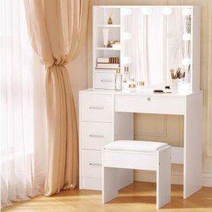 LED Makeup Vanity Desk with Stool and Drawers