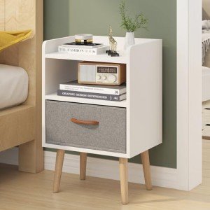 Fabric Drawer Bedside Table with Shelf - White