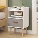 Fabric Drawer Bedside Table with Shelf - White