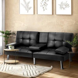Oikiture Black 3-Seater Sofa Bed with Cup Holders