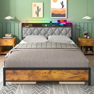 Industrial Metal Double Bed Frame with Storage & LED