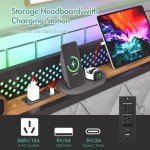 Industrial Metal Double Bed Frame with Storage & LED