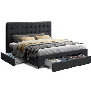 Charcoal Upholstered Double Bed Frame with Storage Drawers