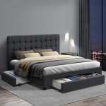 Charcoal Upholstered Double Bed Frame with Storage Drawers
