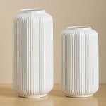 White Ceramic Ribbed Vases for Home Decor