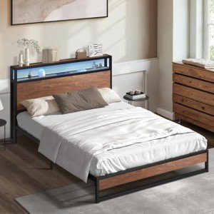 Oikiture King Bed Frame with LED Light & Charging