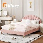 Scallop-Shape Pink Velvet Double Bed Frame