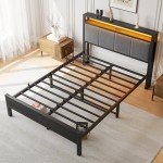Full Size Bed Frame with LED Lights & Storage