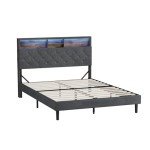 Double Bed Frame with LED Shelf and Tufted Headboard