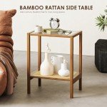 Rattan Side Table with Glass Top and Storage