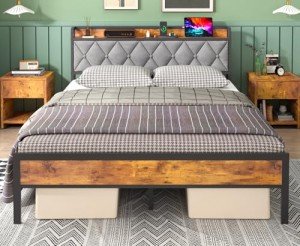 Double Metal Bed Frame with Storage and USB Ports