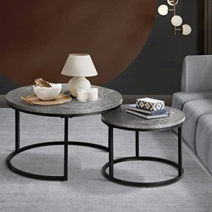 Marble Round Coffee Table Set of 2 - Black & Grey