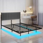 LED Floating Bed Frame with Charging Station and Storage
