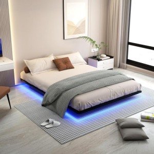 Queen Size Floating Bed Frame with LED Lights