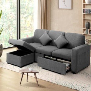 Grey Velvet Sofa Set with Storage Ottoman & Drawers