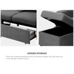 Grey Velvet Sofa Set with Storage Ottoman & Drawers