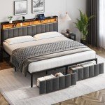 Upholstered King Bed Frame with Storage & Lights
