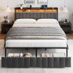 Upholstered King Bed Frame with Storage & Lights