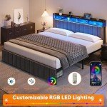 Upholstered King Bed Frame with Storage & Lights