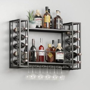 Wall-Mounted Metal Wine Rack and Glass Holder