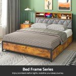 Industrial Queen Bed Frame with Storage Drawers and USB Ports