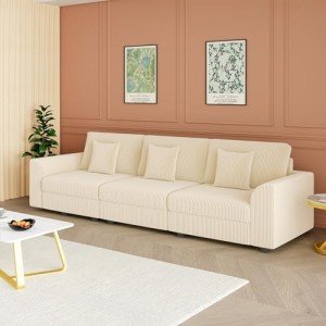 Beige 4-Seater Modular Corduroy Sofa with Cushions