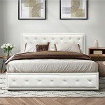 Oikiture White Queen Bed Frame with Storage Space