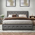 Oikiture Grey Queen Bed Frame with Storage
