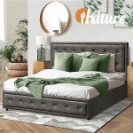 Oikiture Grey Queen Bed Frame with Storage