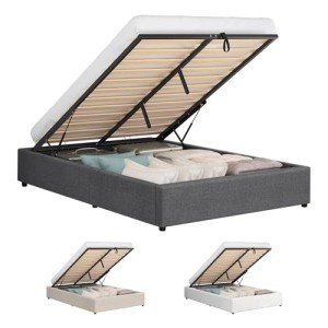 Queen Size Gas Lift Bed Frame in Grey Linen