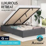 Queen Size Gas Lift Bed Frame in Grey Linen