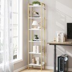 Industrial 6-Tier Bookshelf with Hooks - White/Gold