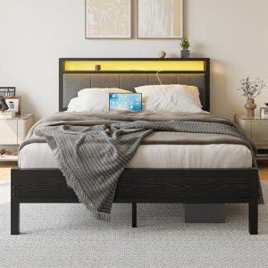 Queen Size Bed Frame with LED Lights and Storage