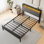 Queen Size Bed Frame with LED Lights and Storage