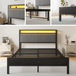Queen Size Bed Frame with LED Lights and Storage