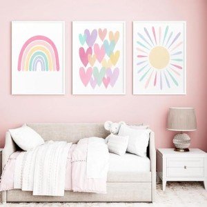 Pink Rainbow & Sun Nursery Wall Art Set