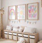 Pink Rainbow & Sun Nursery Wall Art Set