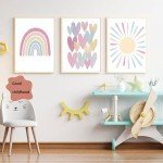 Pink Rainbow & Sun Nursery Wall Art Set