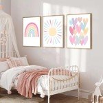 Pink Rainbow & Sun Nursery Wall Art Set